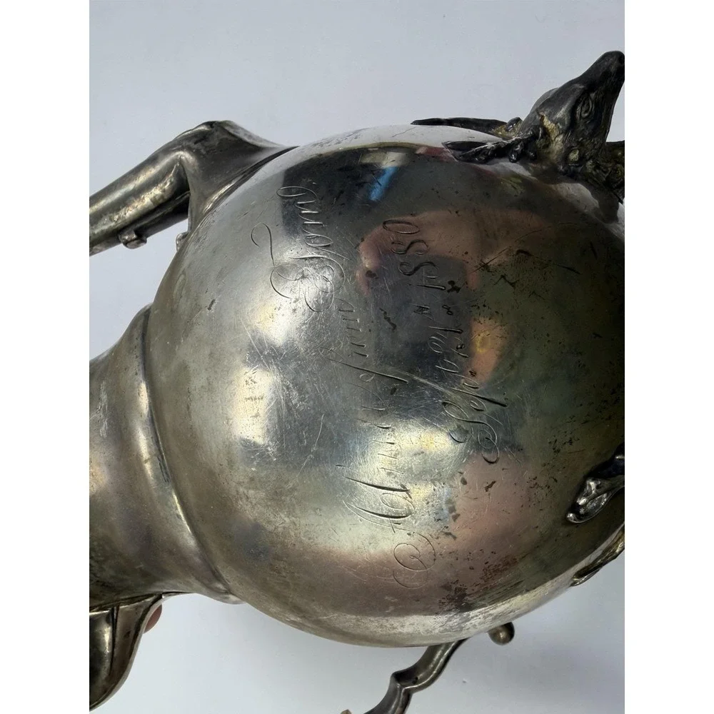 Antique Simpson‎ Hall Miller Sphinx Deer Heads Silver Plate Teapot 1880 Engraved